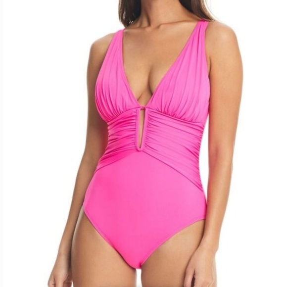 Bleu by Rod Beattie Hot Pink Plunge One-Piece Swimsit, Molded-Cup Size 6 - Picture 1 of 1